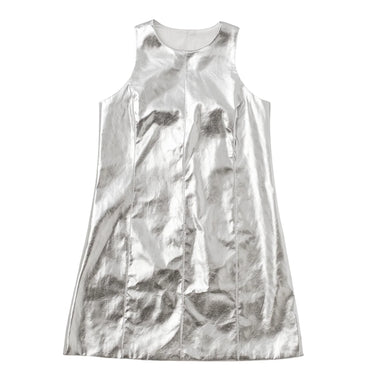 Silver metallic sleeveless dress on a white background